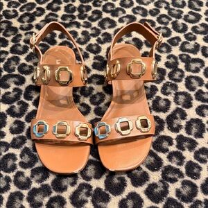 Larroude Tan Leather Slingback Sandals with Gold Buckle Accents